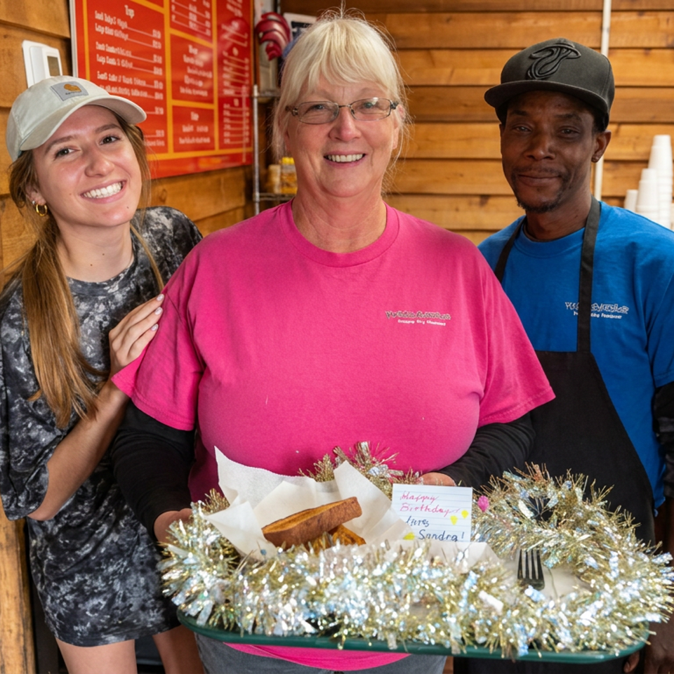 Three restaurant staff members smile behind a birthday dessert tray decorated with silver tinsel.