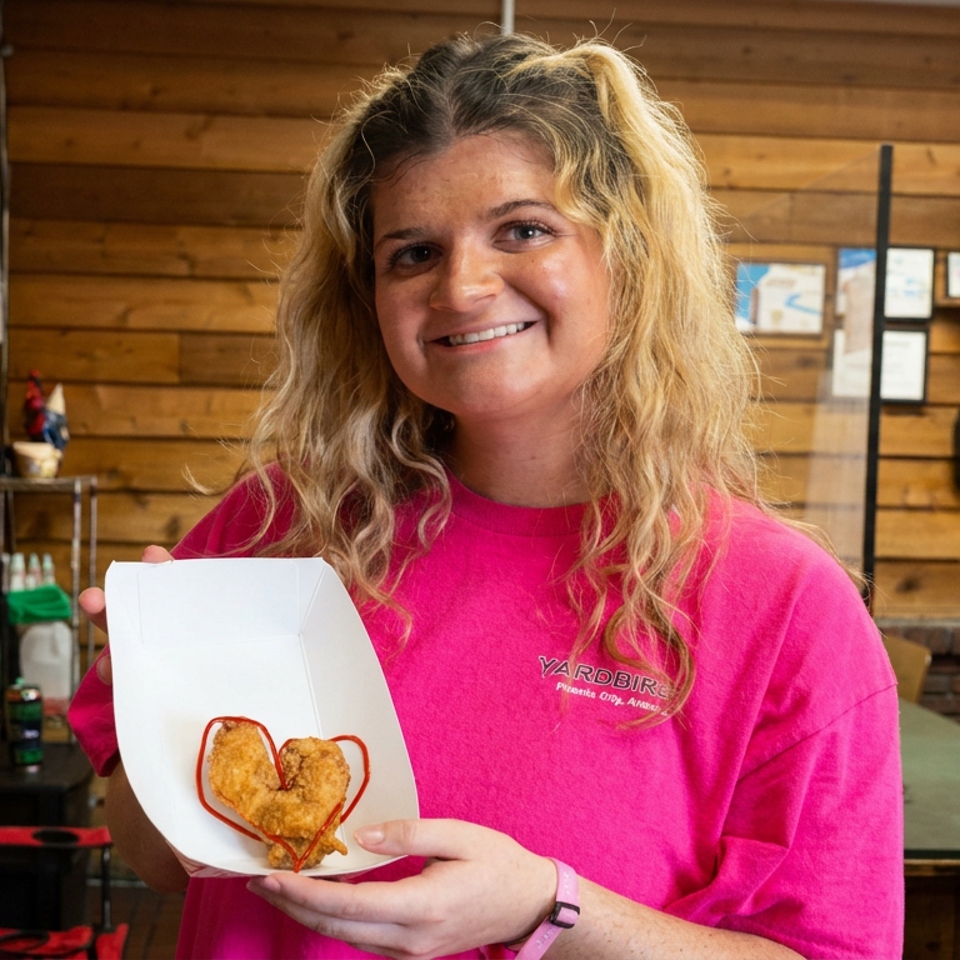 Smiling restaurant worker holds an open box containing heart-shaped fried food inside a cozy wood-paneled dining room.