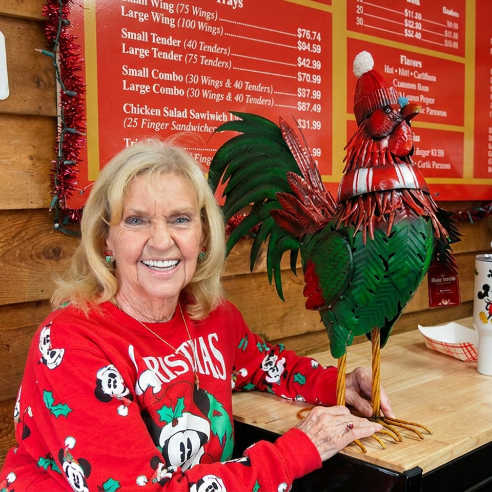 Smiling woman in a festive sweater poses beside colorful Christmas-themed rooster decorations at a restaurant counter.